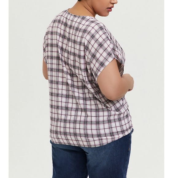 TORRID berry plaid challis tie front midi blouse! - Picture 3 of 8